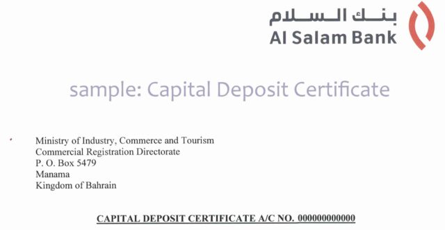 Step 6: Opening a company bank account in Bahrain, showing a sample capital deposit certificate with Al Salam Bank and PI Startup Advisory